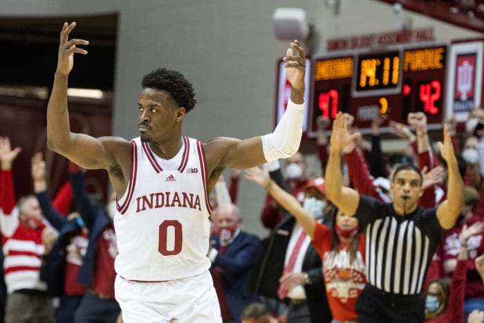 Indiana Hoosiers guard Xavier Johnson (0) celebrates a made shot in the second half Purdue Boilermakers at Simon Skjodt Assembly Hall.